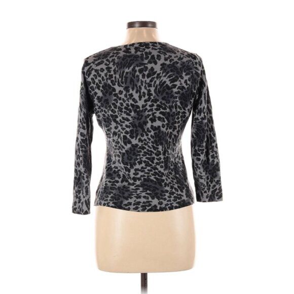 Garnet Hill Black White Animal Print Cardigan Large Lightweight Knit Sweater - Picture 2 of 6